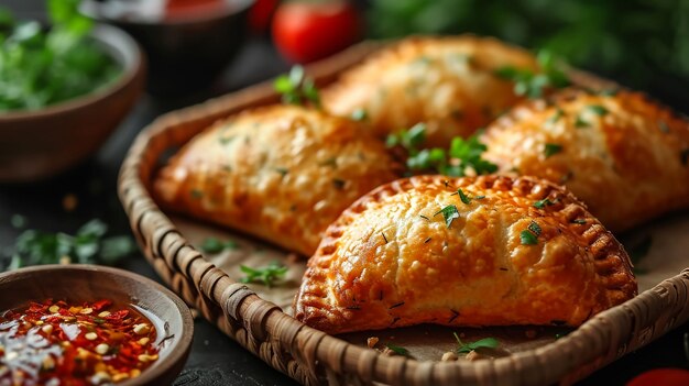 Samosa fritti con ripieno di verdure popolari snack indiani su tavola di legno