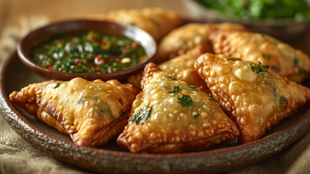 Samosa fritti con ripieno di verdure popolari snack indiani su tavola di legno