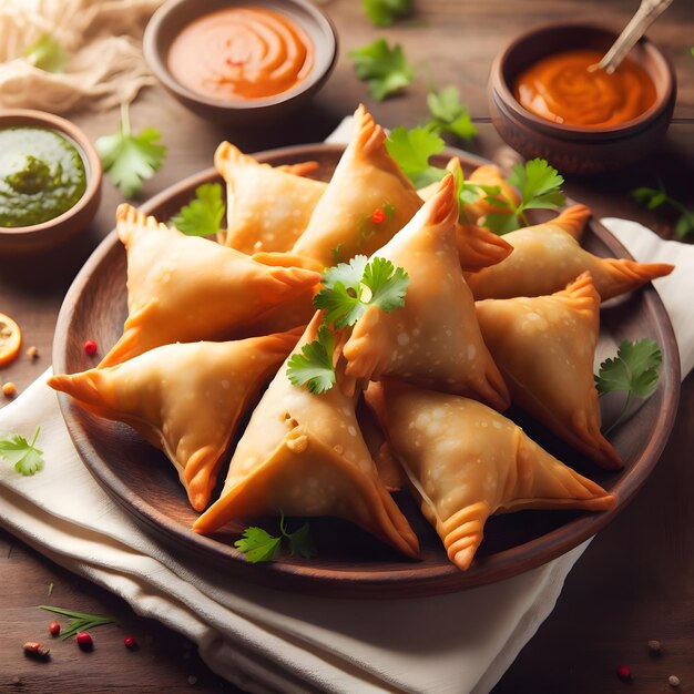 Samosas con salse su un piatto