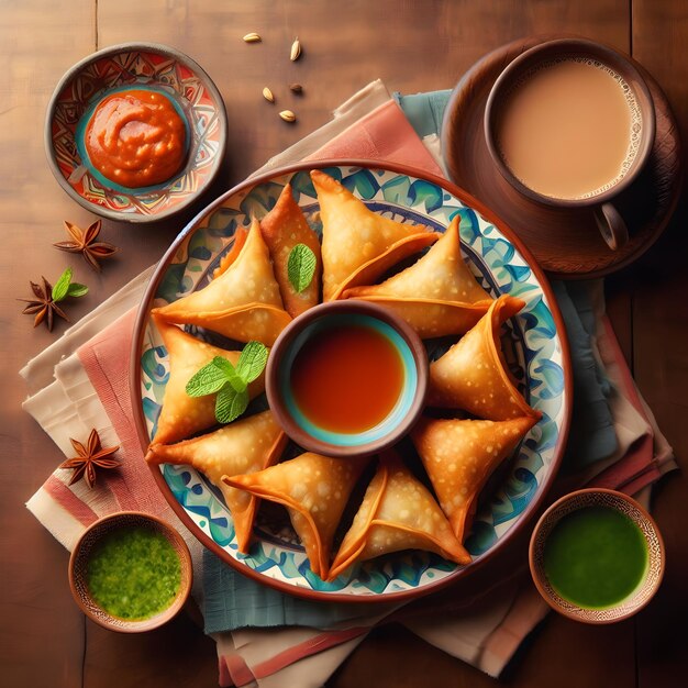 Samosas con salse su un piatto