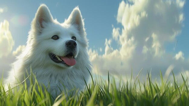 Samoyed all'aperto su un grande campo d'erba