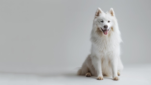 Samoyed seduto su uno sfondo bianco