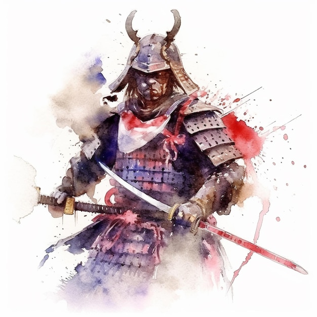 Samurai Arafed con una spada e un casco su uno sfondo bianco