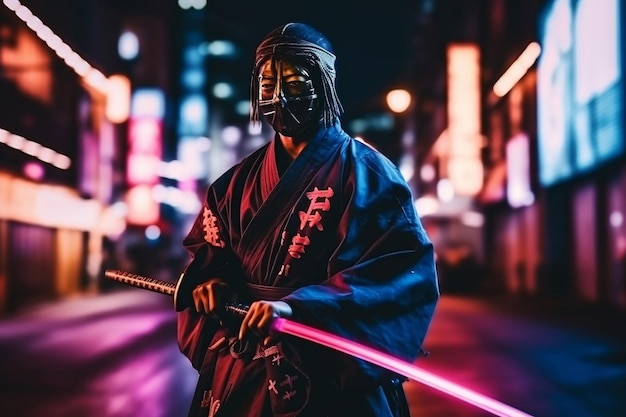 Samurai armato e strada con luci al neon sfocate di notte su sfondo ai generativo