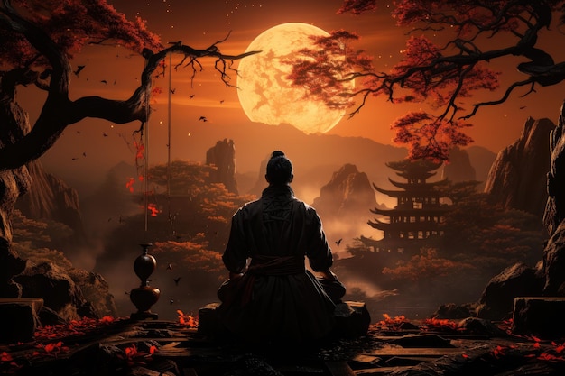 Samurai che meditano sotto i ciliegi mentre i guerrieri si allenano sullo sfondo dell'IA generativa