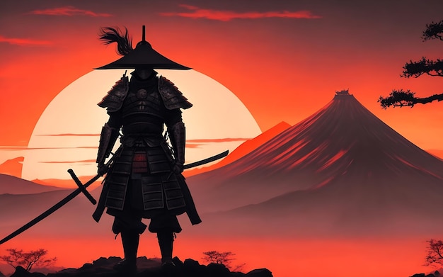 Samurai guarda il tramonto con la montagna generato da ai