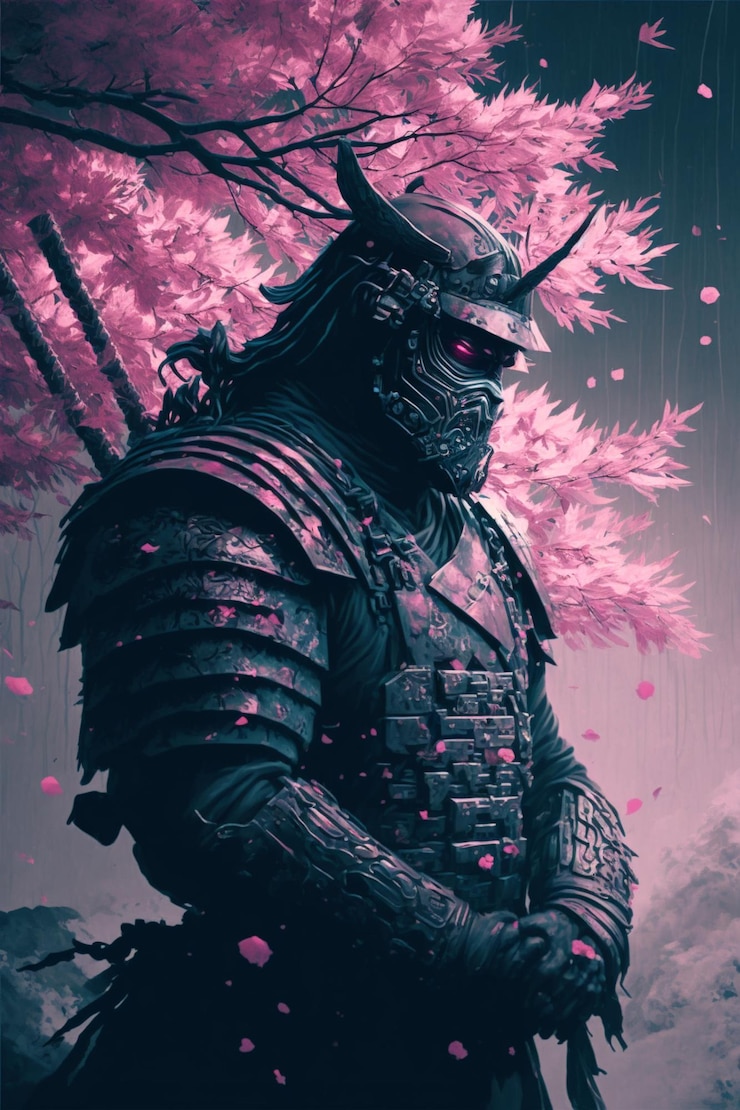 samurai in full armor standing under a tree with pink flowers generative ai