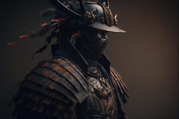 Samurai in maschera chiusa su sfondo nero Spadaccini Medioevo Fantasy Armatura Samurai Set completo Arte ad alta definizione Intelligenza artificiale generativa