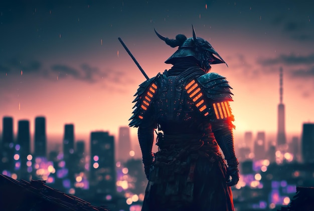 Samurai in piedi sul tetto con luci al neon della città generative ai