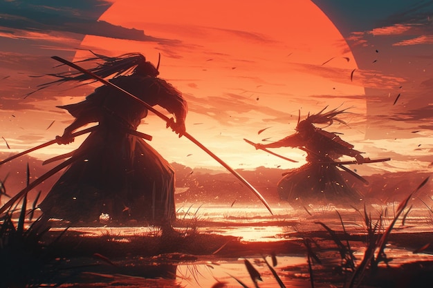 Samurai nei raggi del sole che tramonta