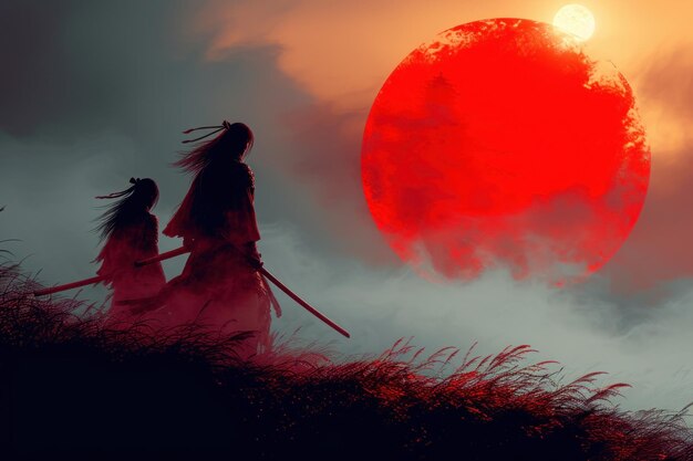 Samurai nei raggi del sole che tramonta