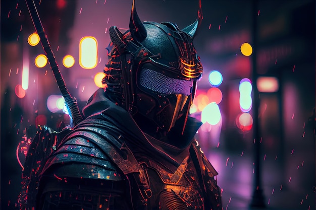 Samurai nelle luci al neon della città di notte sullo sfondo