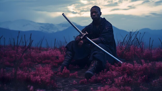 samurai nero con katana in un campo di fiori in un bel tramonto