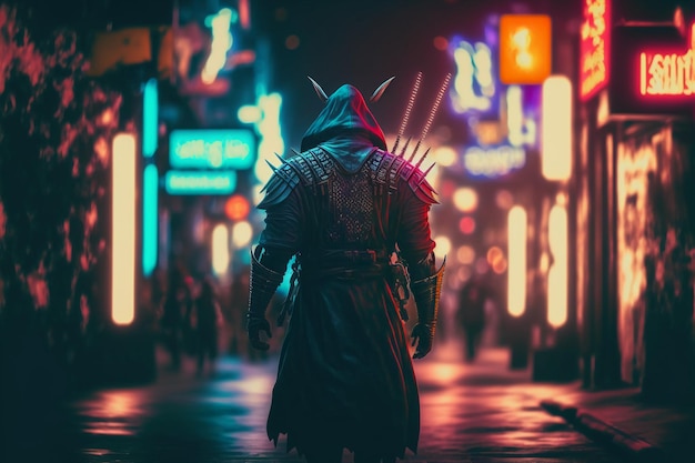 Samurai oscuro in piedi per strada. Persona inesistente nell'illustrazione digitale dell'intelligenza artificiale generativa.