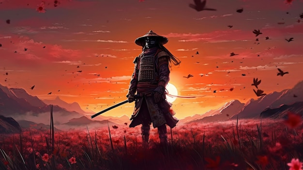 Samurai Shogun in piedi davanti a un bel tramonto