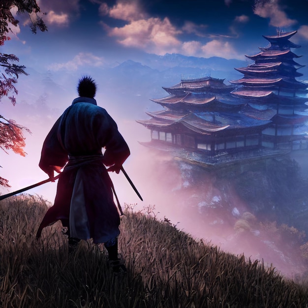 Samurai uomo in Giappone edifici rendering 3d