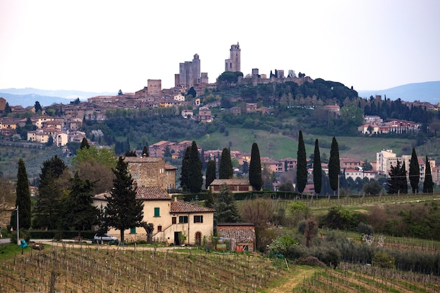 San Giminiano. tipico paesaggio toscano - una veduta di una villa su una collina, un viale di cipressi e una valle con vigneti, provincia di Siena. Toscana, Italia