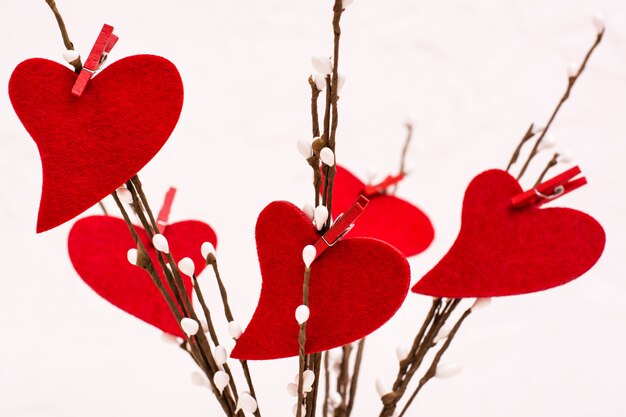 San Valentino. Cuori di feltro rosso sui rami di salice.