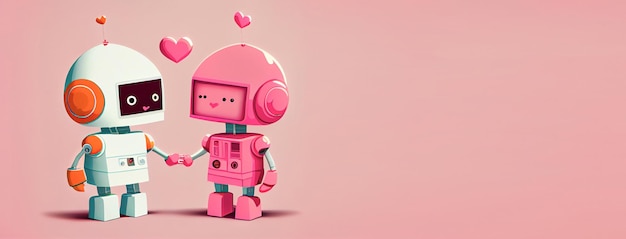 San Valentino Due simpatici robot rosa e bianco su sfondo bianco rosa Sentimenti amore ed emozioni cuore