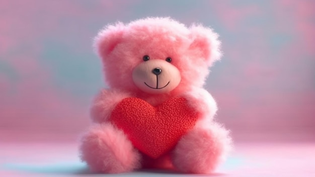 San Valentino e concetto di amore Orsacchiotto rosa soffice che tiene cuore rosa AI generativa
