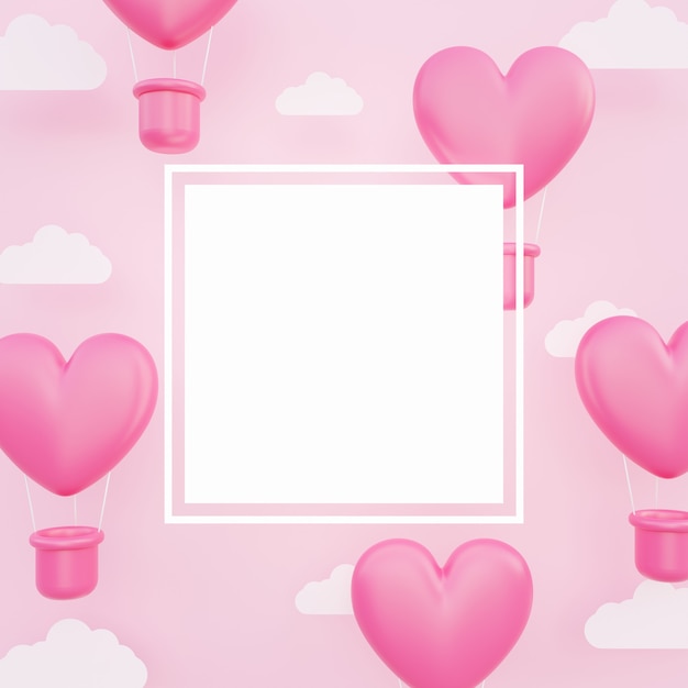 San Valentino, modello per il concetto di amore, illustrazione 3D di mongolfiere a forma di cuore rosa che galleggiano nel cielo con nuvola di carta, spazio vuoto per testo e cornice, sfondo banner
