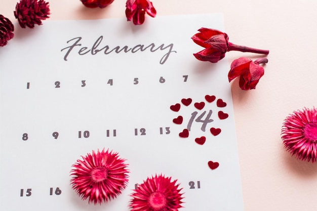 San Valentino. Piccoli cuori rossi evidenziano la data 14 febbraio sul foglio del calendario e fiori secchi su sfondo rosa.