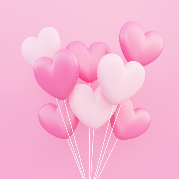 San Valentino, sfondo del concetto di amore, bouquet di palloncini a forma di cuore rosa e bianco 3d galleggiante