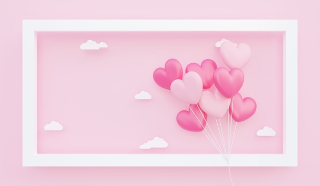 San Valentino, sfondo del concetto di amore, illustrazione 3D di un bouquet di palloncini a forma di cuore rosa che galleggia nel telaio con una nuvola di carta