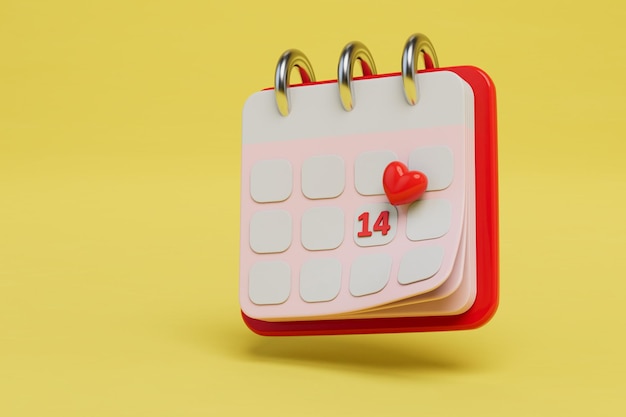 San Valentino sul calendario Calendario di carta capovolgere con il numero 14 e il rendering 3D cuore rosso
