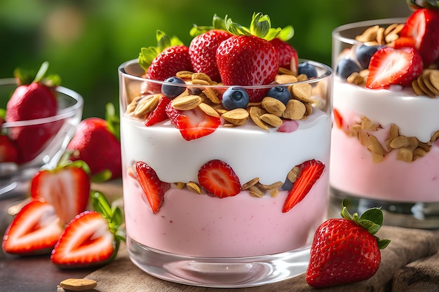 Sana colazione a base di semifreddi alla fragola preparati con yogurt alla frutta fresca e muesli su un tavolo bianco rustico