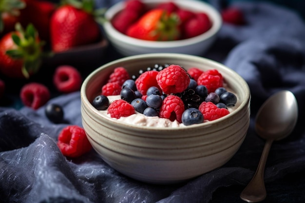 Sana colazione con bacche di farina d'avena e latte su sfondo scuro