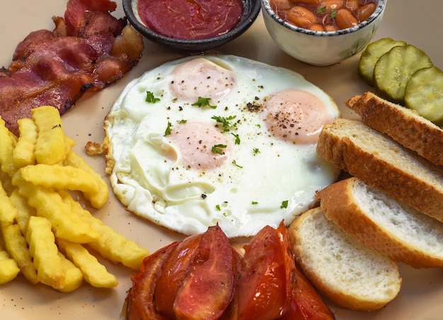 Sana colazione inglese con uova fritte pancetta patatine fritte fagioli e pomodori da vicino