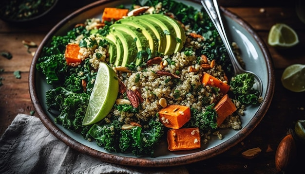 Sana insalata di quinoa con pasto vegetariano con avocado generata dall'intelligenza artificiale