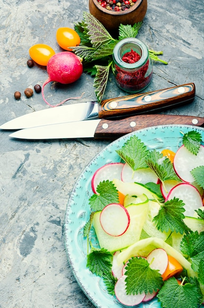 Sana insalata di verdure di ortica sulla piastra.Cibo sano concetto.Food background