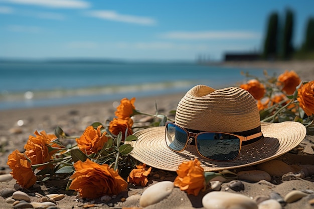 Sandali con cappello e occhiali da sole appoggiati sulla riva sabbiosa immagine di paesaggio estivo