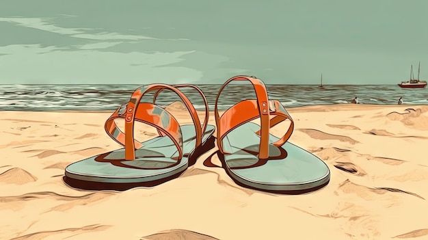 Sandali flip flop sulla spiaggia sabbiosa in stile carta nostalgico Cartolina vacanza retrò con pantofole sulla costa AI generata