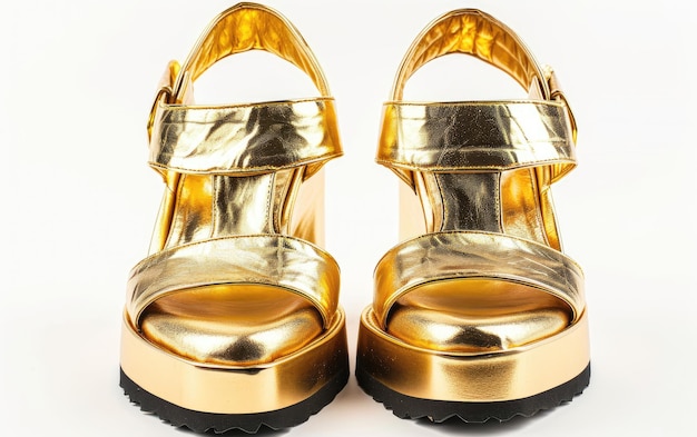 Sandalias de Moda en Dorado Metalico con Plataforma Sobre Fondo Blanco