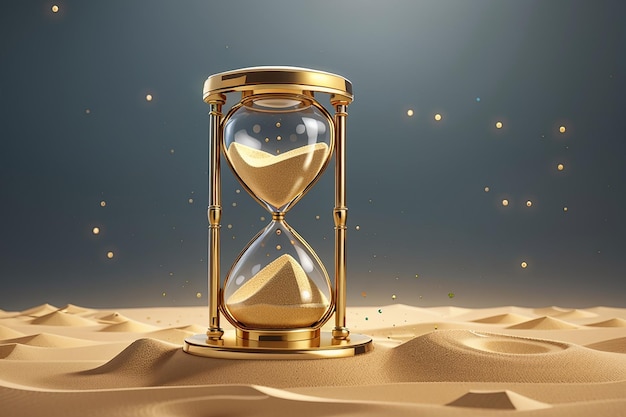 Sandhourglass orologio vintage timer con vetro trasparente e particelle d'oro Banner del concetto di caricamento del tempo di esecuzione con orologio di sabbia e spazio di copia illustrazione di rendering 3D Illustrazione 3D