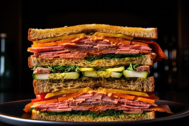 Sandwich affettato e impilato pronto da servire creato con intelligenza artificiale generativa