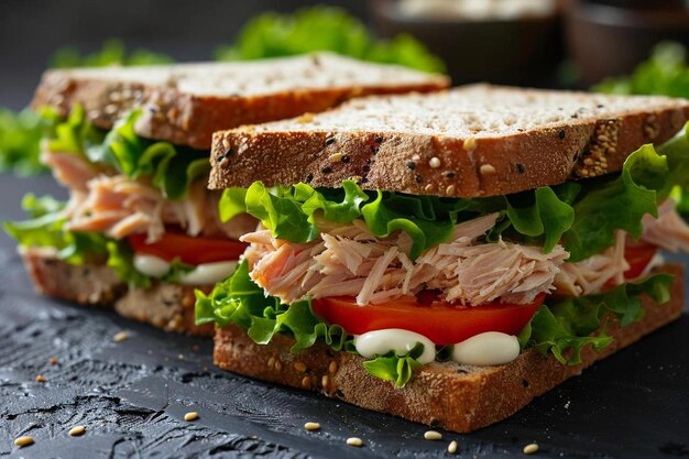 Sandwich al tonno con pezzi di tonno, lattuga, pomodoro e maionese su pane