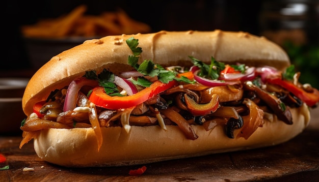 Sandwich alla griglia con cipolla di hot dog e ketchup generato dall'intelligenza artificiale