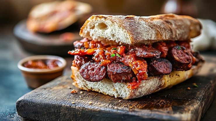 Foto sandwich argentino con chorizo e salsa creola su tavola di legno