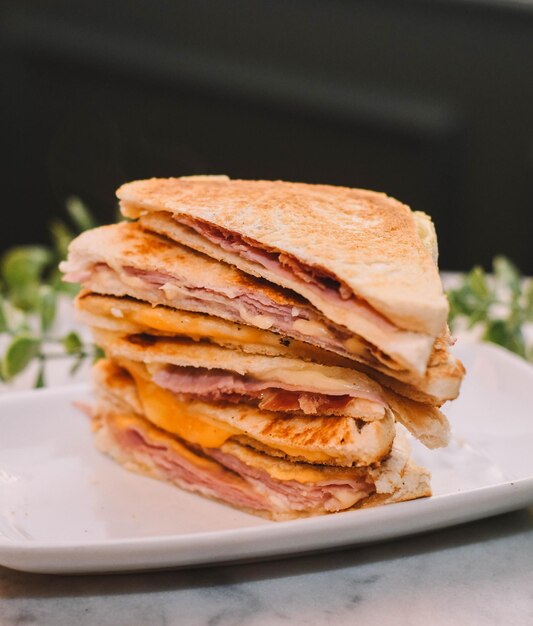 Sandwich caldo di prosciutto e formaggio tostato con burro sul pane