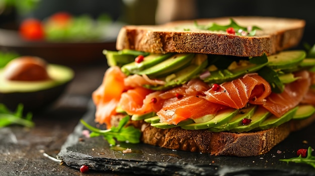 Sandwich con avocado e pesce rosso focalizzazione selettiva IA generativa