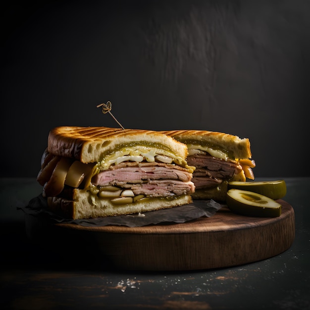 sandwich cubano su sfondo nero fotografia alimentare realizzata con tecnologia generativa AI