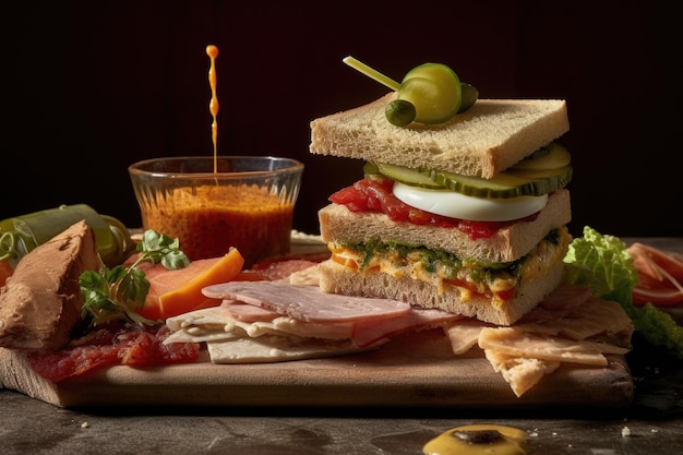 Sandwich decostruito con ingredienti sul lato creato con l'IA generativa