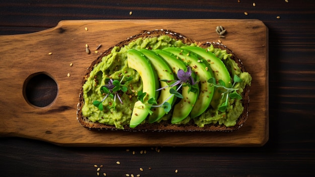 Sandwich di avocado su pane di segale scuro fatto con avocado tagliati freschi di cui sopra