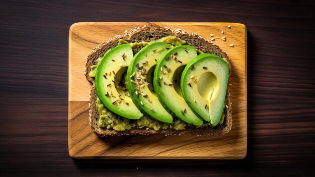 Sandwich di avocado su pane di segale scuro fatto con avocado tagliati freschi di cui sopra