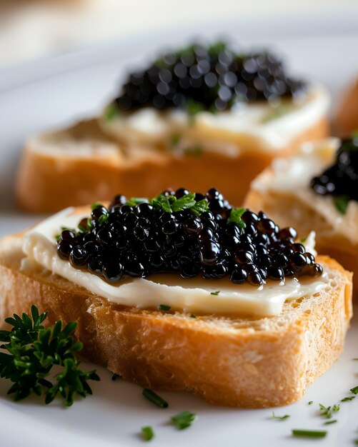 Sandwich di caviale su piatto bianco foto per il menu del ristorante