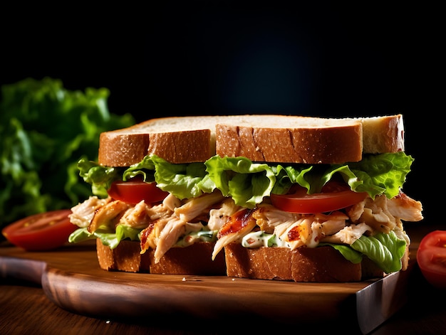 Sandwich di insalata di pollo su uno sfondo di legno scuro